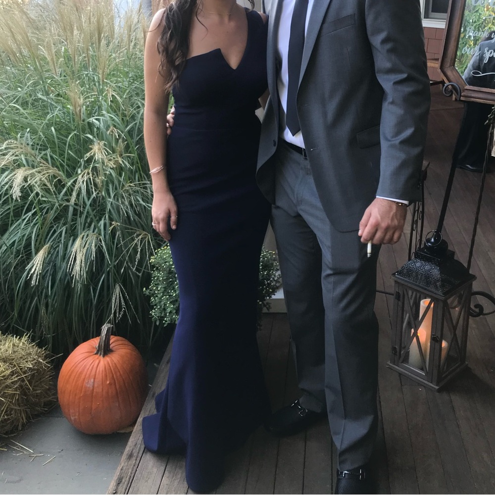 One-Shoulder Ruffled Navy Gown - Picture 2 of 4